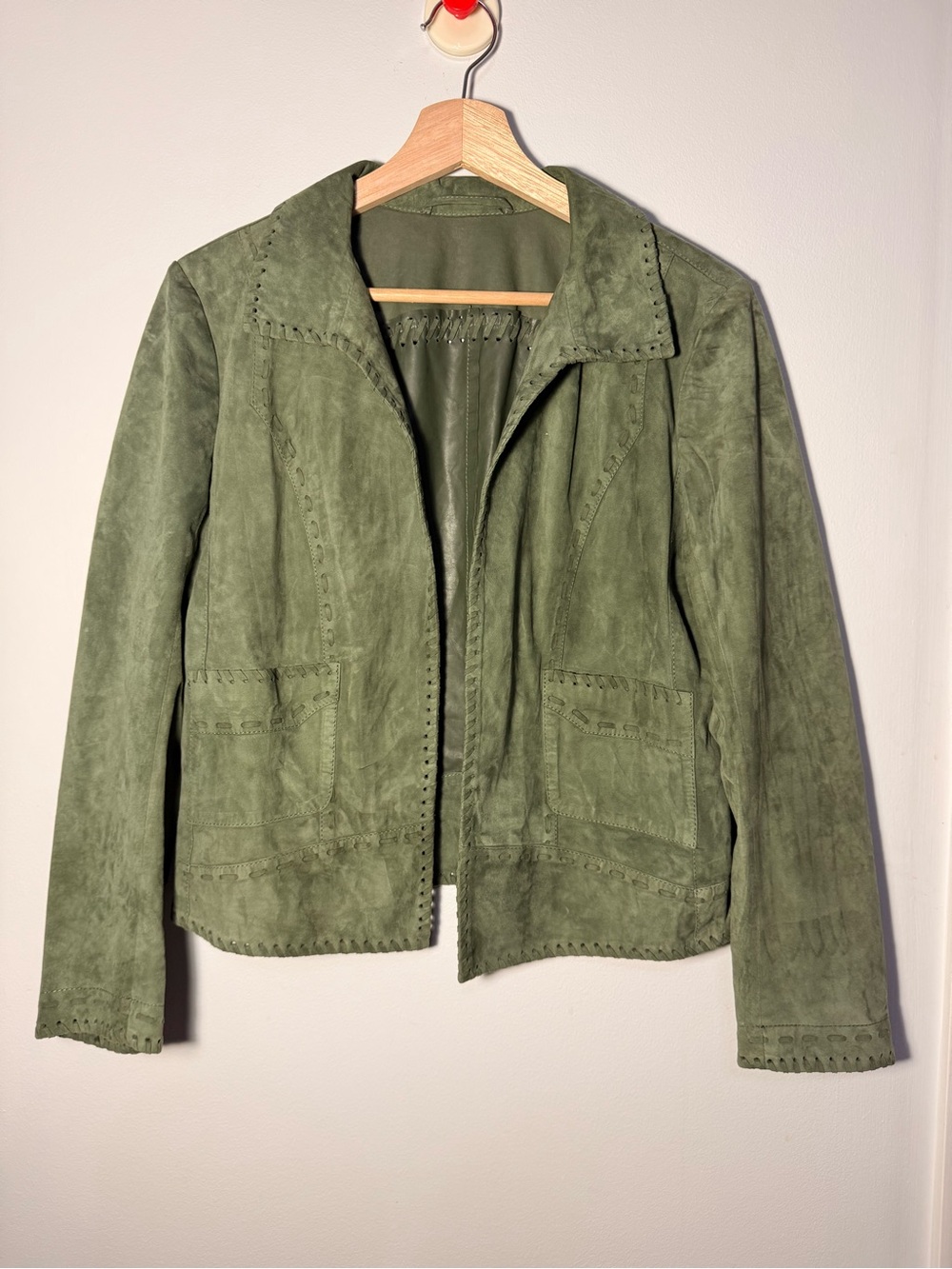 SCHYIA Olive Suede Moto Jacket Genuine Lamb Leather Jacket size 38